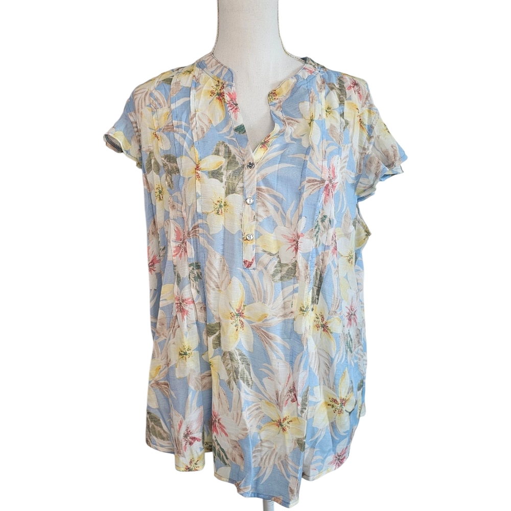 Cocomo XL Tropical Floral Blouse Blue Short Sleeve Button Front Lightweight Top